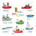 Vector set of doodles ships and boats.