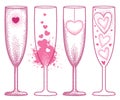 Vector set with dotted champagne glass with heart in pink isolated on white background. Champaign glass and hearts in dotwork.