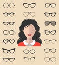 Vector set of dress up constructor with different glasses in trendy flat style. Female in sunglasses faces icon creator.