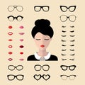 Vector set of dress up constructor with different woman eyelashes,glasses,lips in flat style. Female faces icon creator.