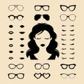 Vector set of dress up constructor with different woman eyelashes,glasses,lips in flat style. Female faces icon creator.