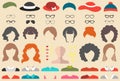 Vector set of dress up constructor with different woman haircuts, glasses etc. in flat style. Female faces icon creator. Royalty Free Stock Photo