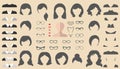 Vector set of dress up constructor with different woman haircuts, glasses etc. in flat style. Female faces icon creator. Royalty Free Stock Photo