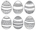 Vector set of easter eggs with geometric pattern for coloring book. Hand-drawn decorative elements in vector. Black and white.