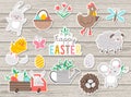 Vector set of Easter stickers. Collection of cute characters and objects with Spring concept. Bunny, funny animals, eggs and birds Royalty Free Stock Photo