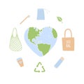 Vector set of eco things and heart shaped earth Royalty Free Stock Photo