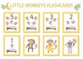 Vector set of educational flashcards with cute five little monkeys, mommy, doctor, bed. Funny nursery rhyme and song illustration Royalty Free Stock Photo