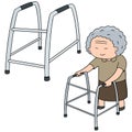 Vector set of elder woman walk using walker