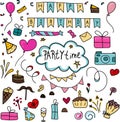 Vector set of elements, birthday and party colored doodles Royalty Free Stock Photo