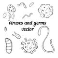 Vector set of elements, black and white viruses and bacteria without background, hand-drawn Royalty Free Stock Photo