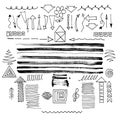 Vector set of elements drawn by hand-arrows, strokes, objects, flower, house in black and white Royalty Free Stock Photo