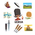 Georgia icons set. Ceramic pitcher of wine, drinking horn, Caucasian man, mountain landscape, national flag, dagger
