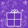 Vector set of elements, gifts. Big gift box in in the center on a violet background for the holidays. Vector doodle illustration Royalty Free Stock Photo