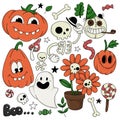 vector set of elements for the holiday of halloween in the style of cartoons 30s. cute halloween pumpkins, ghost, skeleton