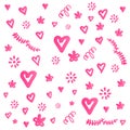 Vector set elements isolated on a white background. Pink lines simple contour icons. Doodle Hand-drawn hearts, flowers