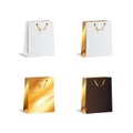 Vector set of empty shopping bags with gold. White black gold color. Realistic Isolated mock up collection shopping bags Royalty Free Stock Photo