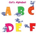 Vector set of english alphabet with fun cartoon cat