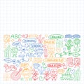 Vector set of english language, children`s drawingicons icons in doodle style. Painted, colorful, pictures on a sheet of checkere