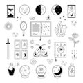 Vector set of esoterical elements and symbols. Line art magical objects and celestian icons Royalty Free Stock Photo