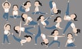 Vector set of exercises for the body. Collection of poses for yoga. Fitness for the girl. Illustration in a cartoon