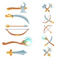 Vector set of fantasy cartoon game design crossed and in the row swords, axes, staffs and bow weapon isolated on white Royalty Free Stock Photo