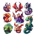 Vector set of fantasy dragon icons. Cartoon style illustration isolated on white background.