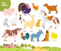 Vector set of farm animal: pig, chicken, cow, horse etc with cozy village landscape, house, garden, field. White background. Royalty Free Stock Photo