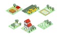 Vector set of farm icons in modern 3D style. Fields with harvest, grazing sheep, house, yards with trees and ponds