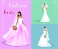 Vector set of a fashion beautiful brides in white wedding dresses with a bouquets. EPS 10 Royalty Free Stock Photo