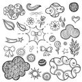 Vector set of fashionable patches elements like heart, flower, mail, cloud, leaf, sun.