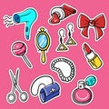 Vector set of fashionable patches: hairdryer, pomade, perfume