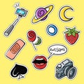 Vector set of fashionable patches: selfie stick, lips, strawberry Royalty Free Stock Photo