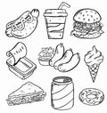 Vector set of fast food, with burger, hot dog, sandwich, hamburger, soda cup, ice cream isolated on white. Royalty Free Stock Photo