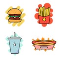 Vector Set of fast food. Classic cheeseburgers, fries packs, soft drinks and hot dogs. Flat eps vector illustration