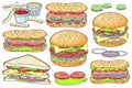 Vector set of fast food. Hamburger, hot dog, and vegetable sandwich.