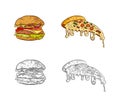 Vector Set of Fast Food Icons Pizza and Burger Illustrations Isolated on White Background, Icons Set, Sandwiches Royalty Free Stock Photo