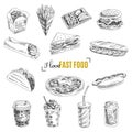 Vector set of fast food. Illustration in sketch Royalty Free Stock Photo