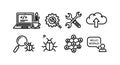 Computer programming icons with bug, tools, cloud upload, and coding symbols for software development and debugging vector set Royalty Free Stock Photo