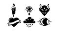 Gothic symbols set with candle heart eye rain cloud devil and crescent moon vector icons collection Royalty Free Stock Photo