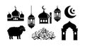 Islamic Eid al-Adha vector icons with mosque lantern crescent sheep and Arabic calligraphy designs Royalty Free Stock Photo