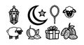 Islamic symbols crescent moon star lantern rosary sheep gift box and nuts vector icons set for religious culture design Royalty Free Stock Photo