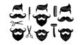 MenÃ¢â¬â¢s grooming icons with mustache beard scissors comb razor hair styling tools vector set Royalty Free Stock Photo