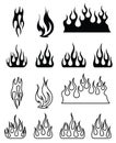 Flame Silhouettes Vector Set - Classic 90s Style, Motorcycle & Hot Rod Car, Old School Retro Tattoo, Black and White Outline Royalty Free Stock Photo