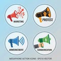 Megaphone in action icon vector set with loudspeaker symbols and sound waves, marketing Royalty Free Stock Photo