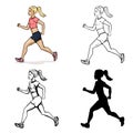 Vector Set of Female Character. Running Girl. Cartoon Color, Lineart, Sketch and Silhouette Illustrations. Royalty Free Stock Photo