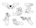 Vector set of female hand logos, icons in minimal linear style. Emblem design templates with hand gestures, rose, lotus, heart, Royalty Free Stock Photo