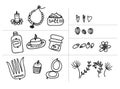 Set. Painted female tricks. Beads, comb, mirror, powder, candle, bath salt, capkake, cosmetics. Vector illustration Royalty Free Stock Photo