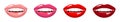 Vector set of female smiling mouths with pink and red lips. Lipstick or lip gloss palette