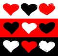 Vector set of fill stroke red, black and white hearts shape. Hand drawn heart frames and stamps. Grunge brush painting Valentine` Royalty Free Stock Photo