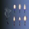 Vector set of fire, realistic candle flame and burned wick with smoke isolated on blue background